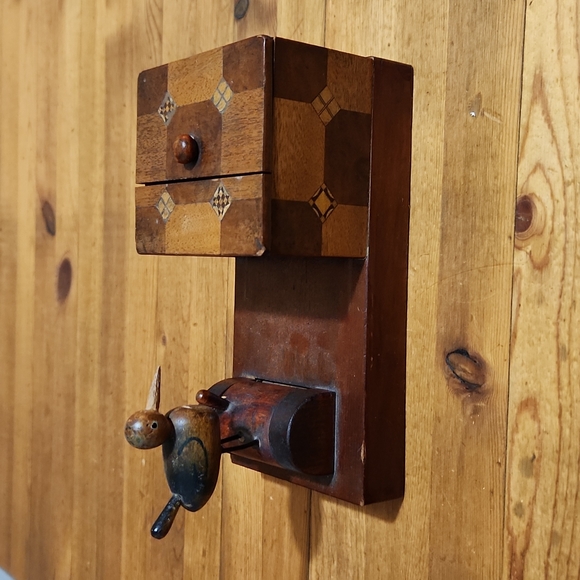wooden cigarette box dispenser Antique Handmade Wood Cigarette Box Dispenser with Mechanical Bird. 1930's  Works